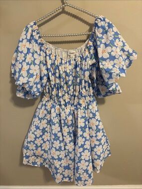 &Merci Blue White Daisy Floral Puff Sleeve Mini Dress Cottagecore Romantic Large